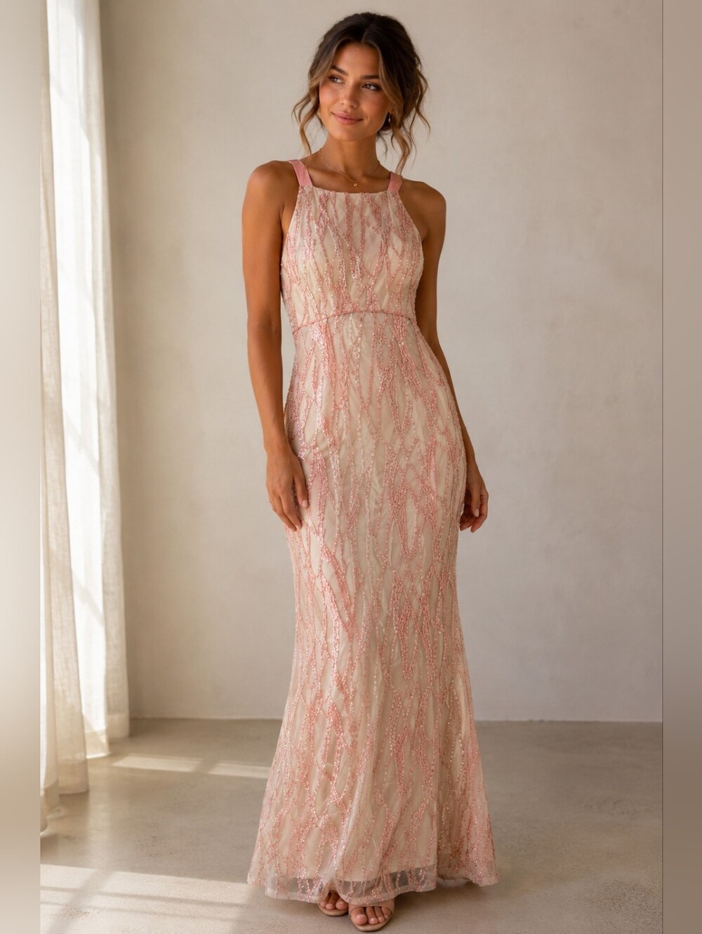 Minuet Pink Embroidered Silver Sequin Formal Dress